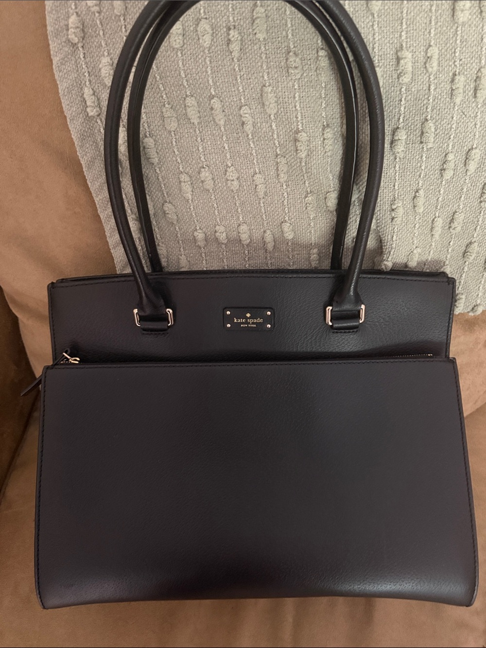 kate spade black leather Shoulder Bag with Front Zip Pocket